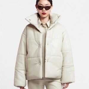 Mango Women's Beige Cream Puffer Jacket Vegan Leather